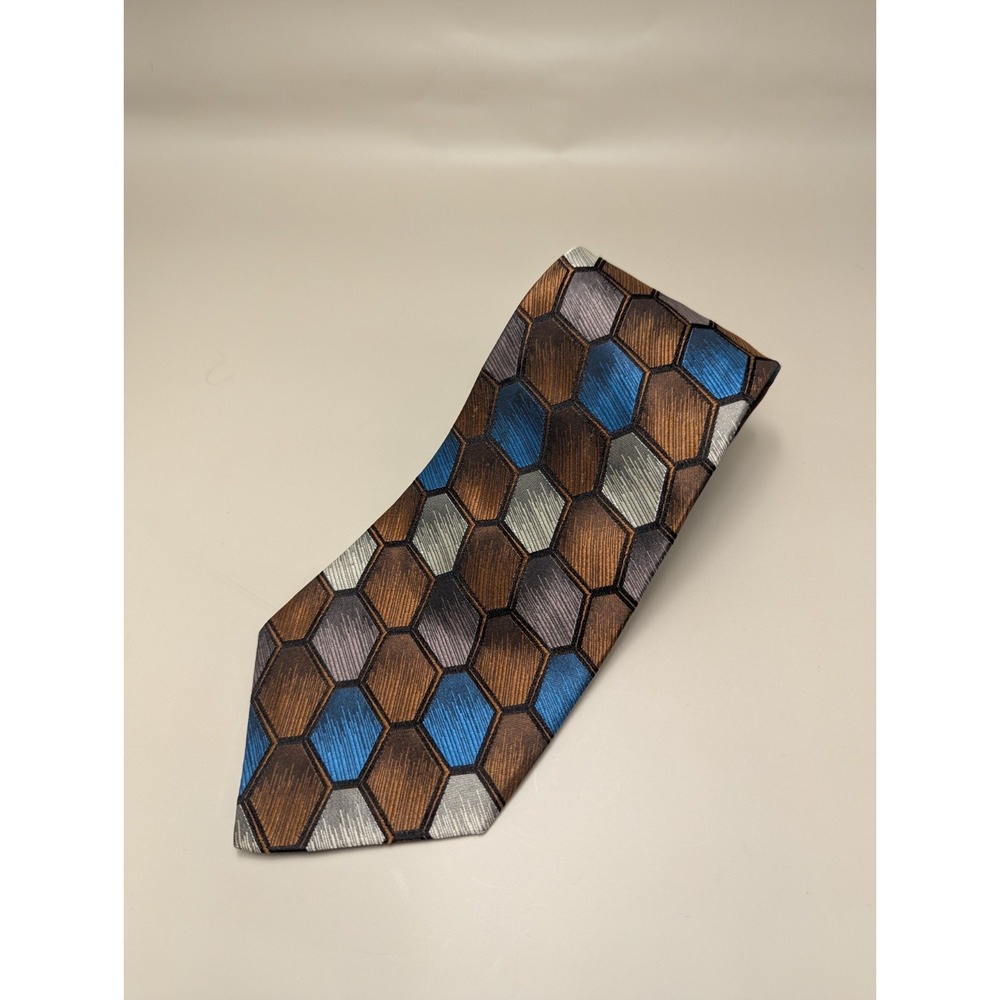 Vintage Countess Mara Men's All Silk Tie Made USA Geometric Hexagon Blue Brown